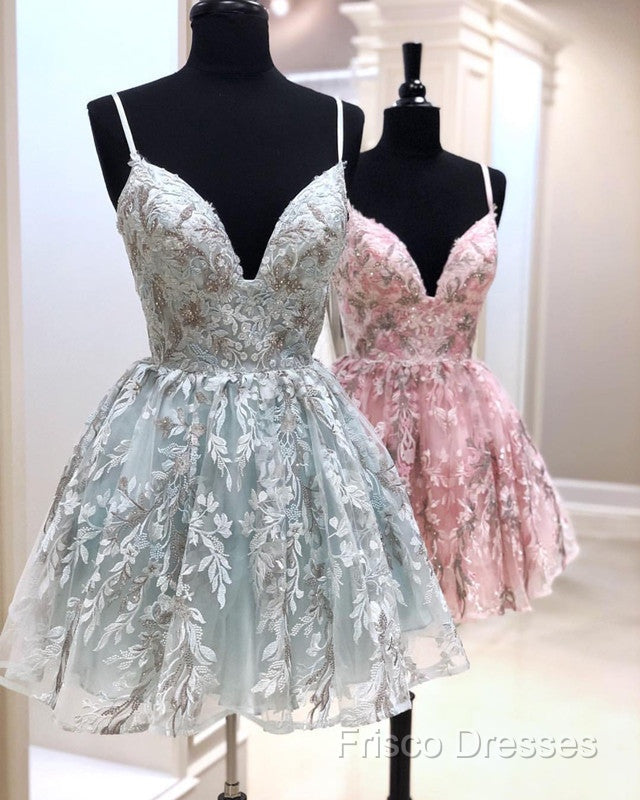 Short Lace Homecoming Dress V Neck Spaghetti Straps