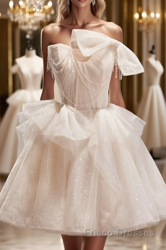 Short Light Champagne Tulle Formal Prom Dresses, Short Champagne Tulle Formal Homecoming Dresses