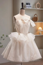 Short Light Champagne Tulle Formal Prom Dresses, Short Champagne Tulle Formal Homecoming Dresses