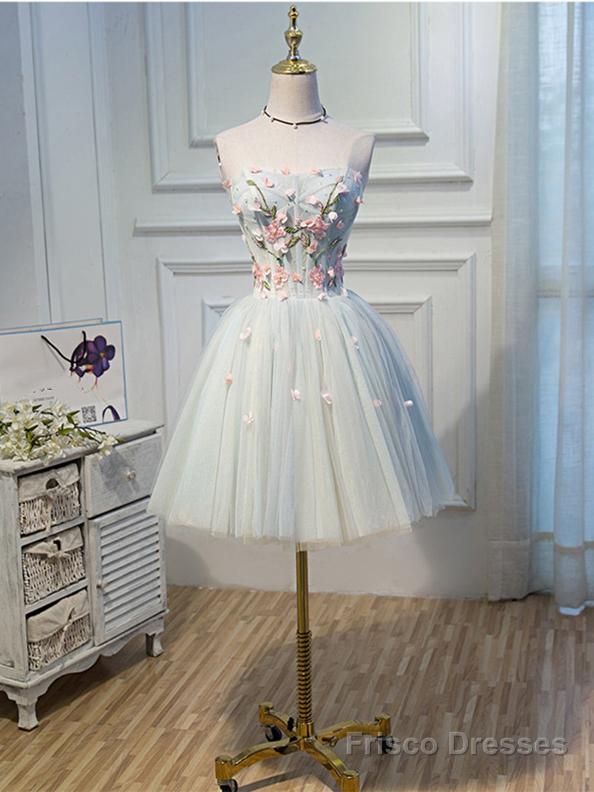 Short Light Green Tulle Prom Dresses, Short Tulle Floral Formal Homecoming Dresses Main image