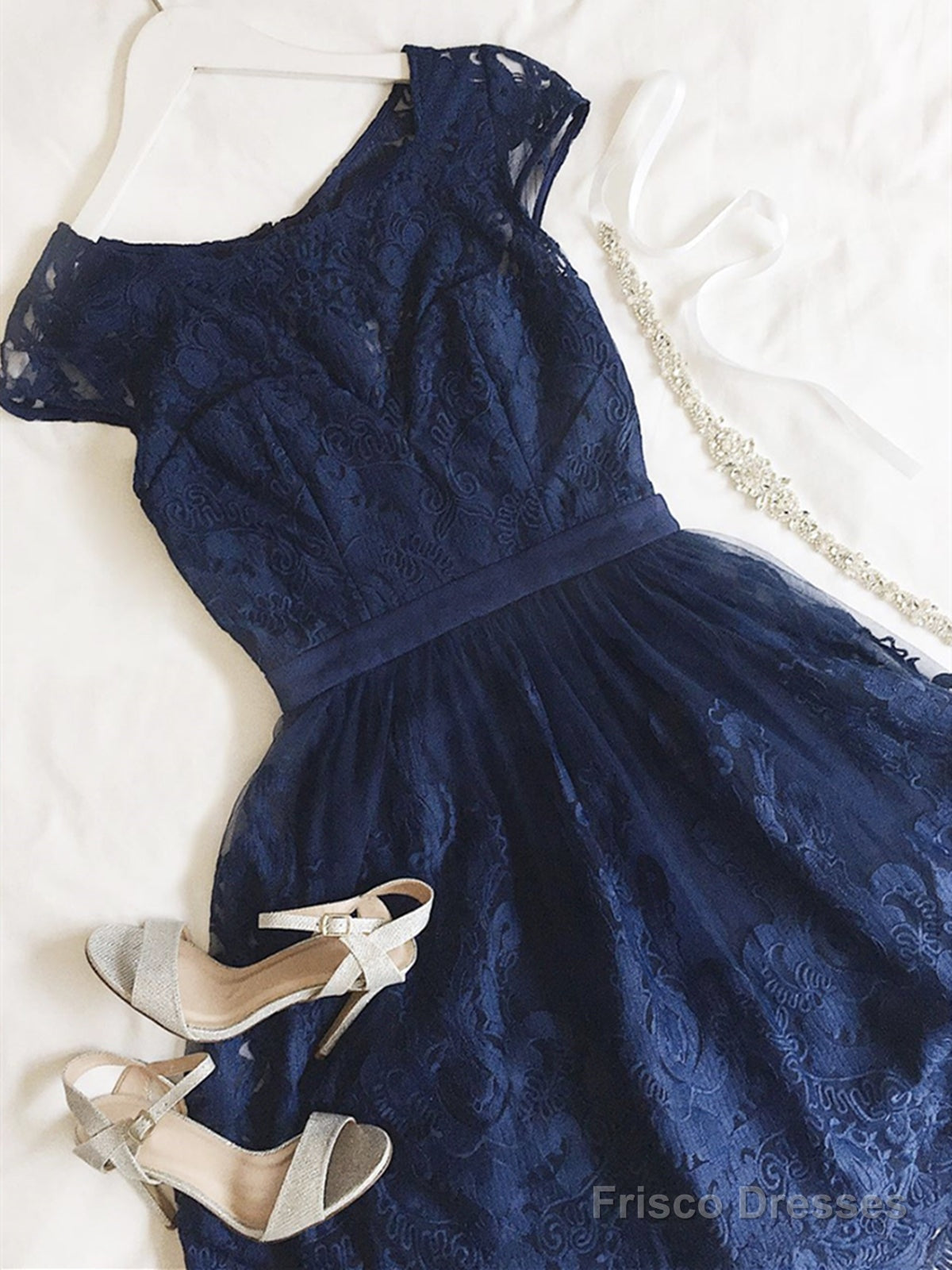 Short Navy Blue Lace Prom Dresses, Dark Blue Short Lace Formal Bridesmaid Dresses Secondary image