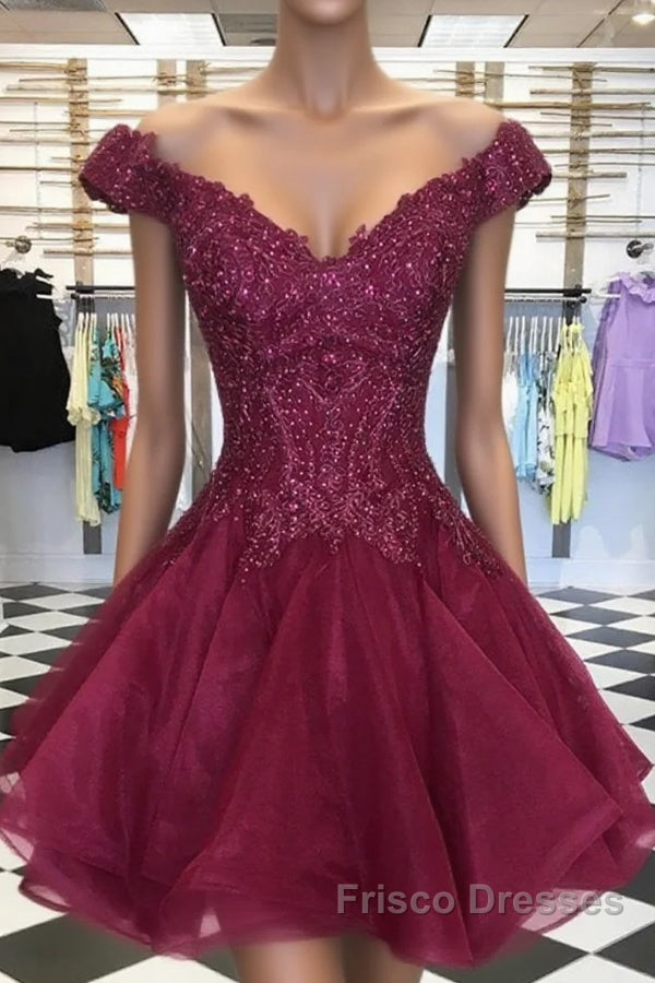 Short Off Shoulder Burgundy Lace Formal Prom Dress, Off The Shoulder Short Burgundy Lace Formal Homecoming Dress Main image