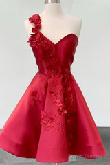 Short One Shoulder Satin Homecoming Dresses With 3D Flowers