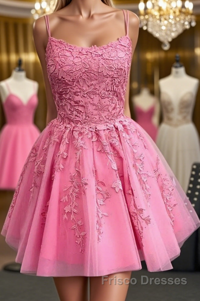 Short Pink Backless Lace Formal Prom Dresses, Short Pink Open Back Formal Homecoming Dresses Main image