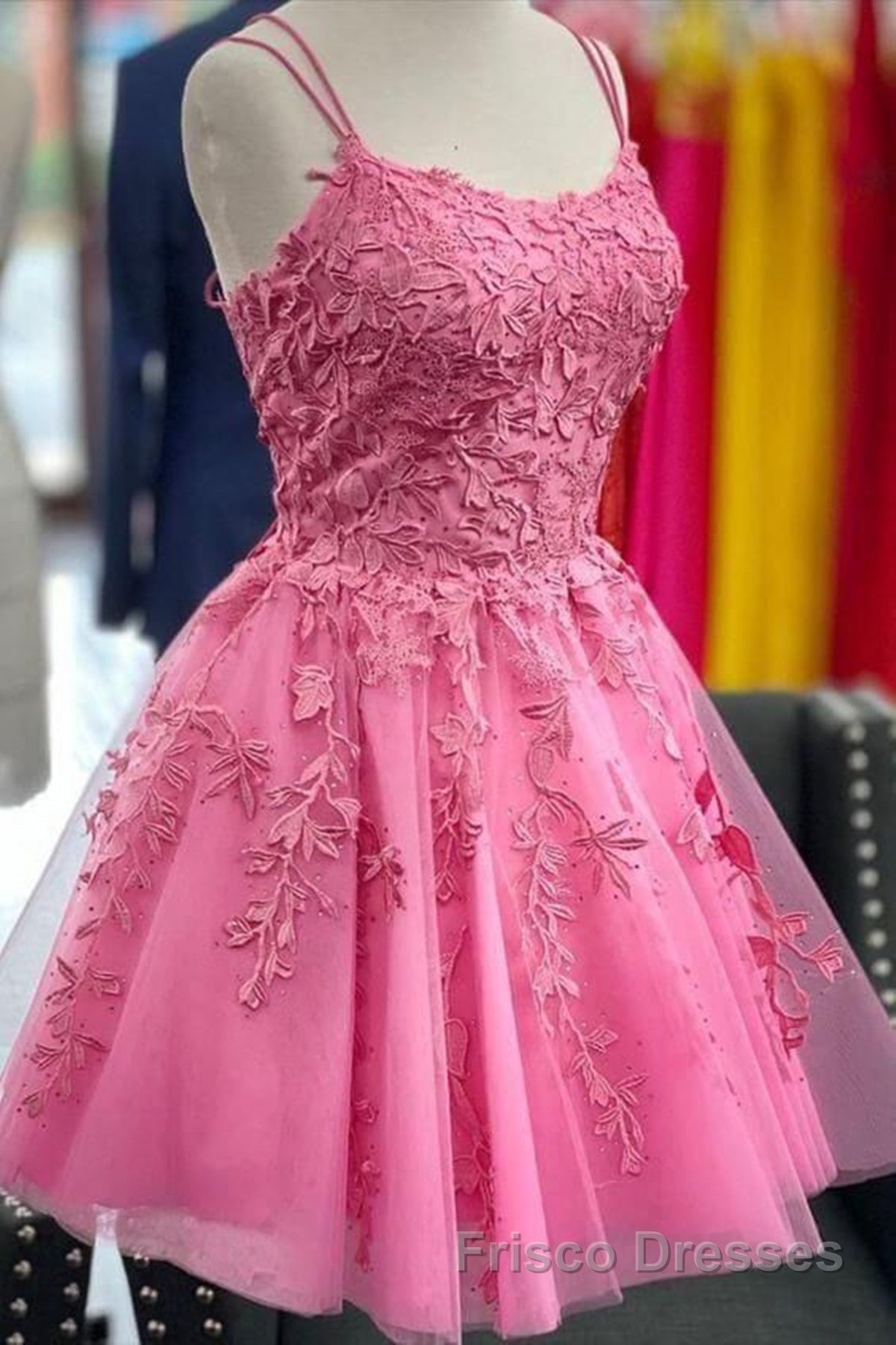 Short Pink Backless Lace Formal Prom Dresses, Short Pink Open Back Formal Homecoming Dresses