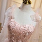 Short Pink Floral Prom Dresses, Short Pink Tulle Floral Formal Homecoming Dresses