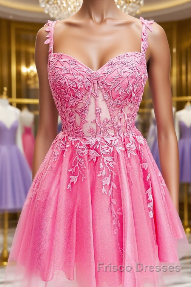 Short Pink Lace Formal Prom Dresses, Short Pink Lace Formal Homecoming Dresses Main image