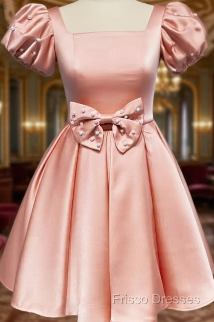 Short Pink Satin Party Dress With Bow Main image