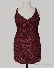 Short Plus Size Burgundy Sequin Dress