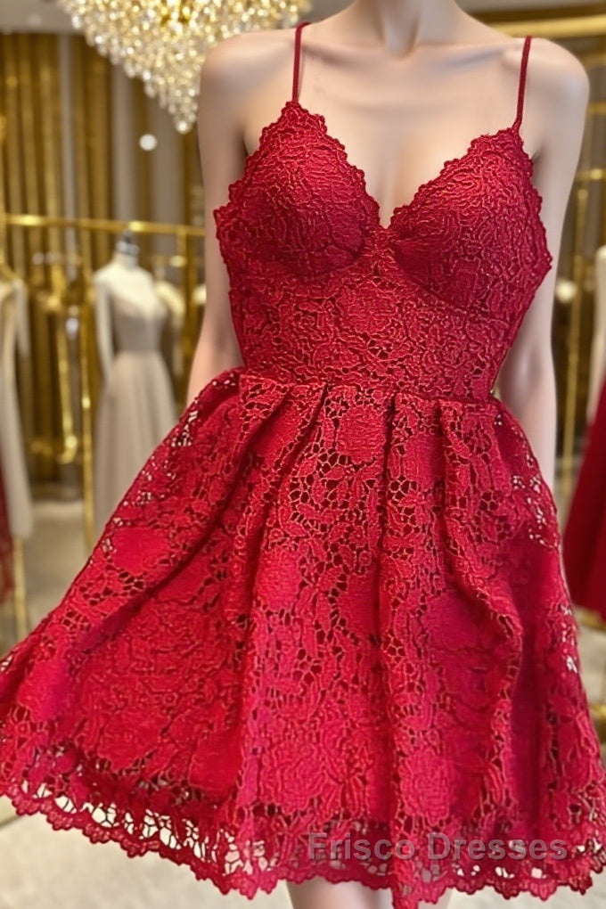 Short Red Lace Formal Prom Dresses, Short Red Lace Formal Graduation Homecoming Dresses Main image