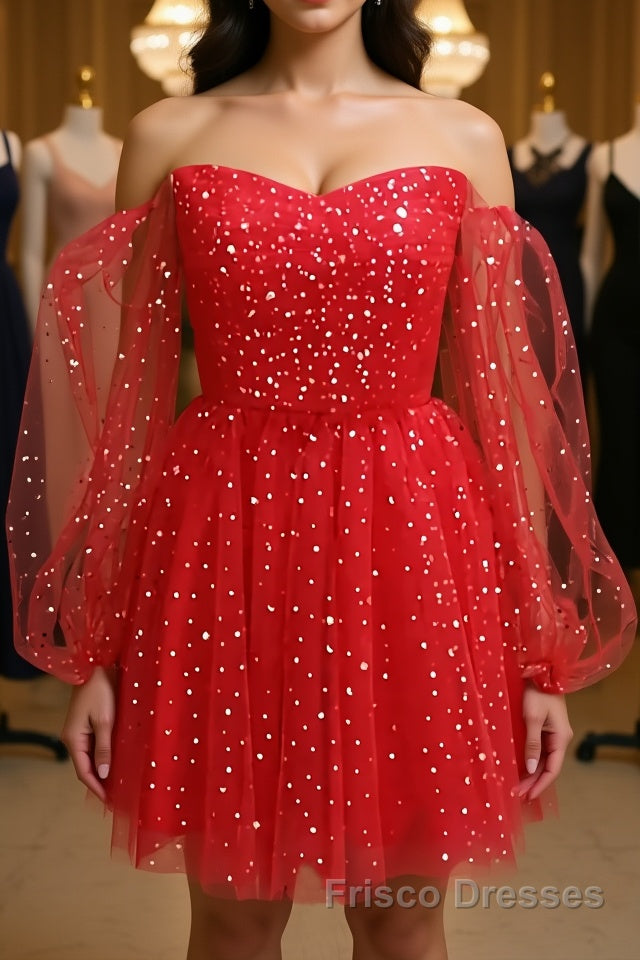 Short Red Long Sleeves Tulle Formal Prom Dresses, Short Red Long Sleeves Formal Homecoming Dresses Main image