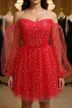 Short Red Long Sleeves Tulle Formal Prom Dresses, Short Red Long Sleeves Formal Homecoming Dresses
