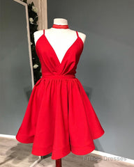 Short Red Plunging Satin Party Dress