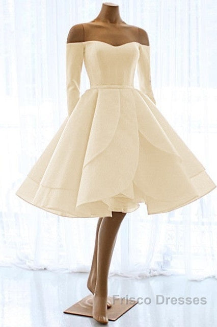 Short Satin Long Sleeves Off Shoulder Ruffles Skirt Wedding Dress Secondary image