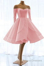 Short Satin Long Sleeves Off Shoulder Ruffles Skirt Wedding Dress