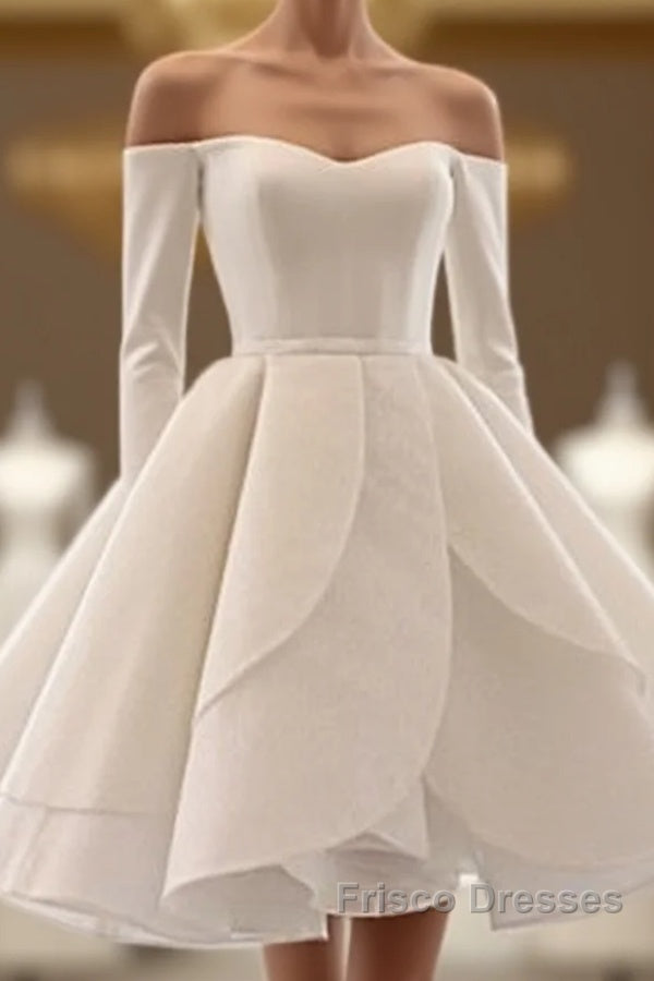 Short Satin Long Sleeves Off Shoulder Ruffles Skirt Wedding Dress Main image