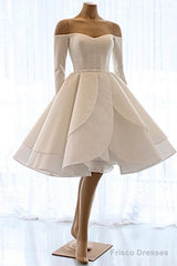 Short Satin Long Sleeves Off Shoulder Ruffles Skirt Wedding Dresses
