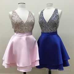 Short Satin V Neck Beaded Prom Homecoming Dresses