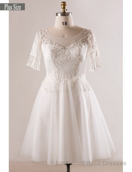 Short Sleeve Appliques White Plus Size Unique Lace Wedding Dress