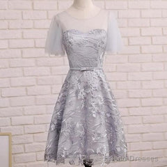 Short Sleeve Gray Lace Cute Homecoming Dresses