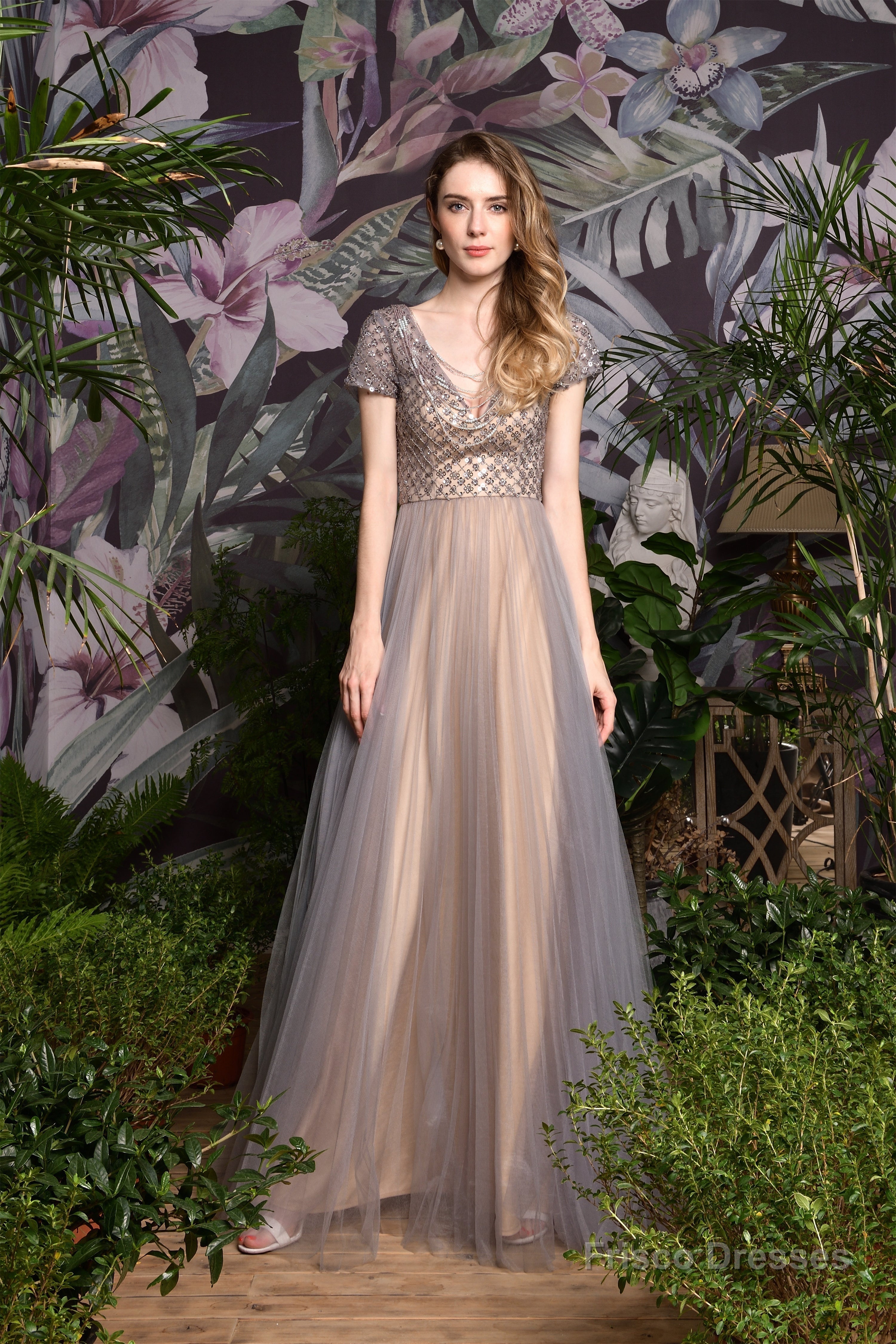 Short Sleeve V Neck A Line Sequin Beaded Long Prom Dresses Main image