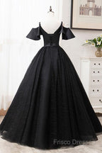 Short Sleeves Black Tulle Lace Sweetheart Long Formal Prom Dress