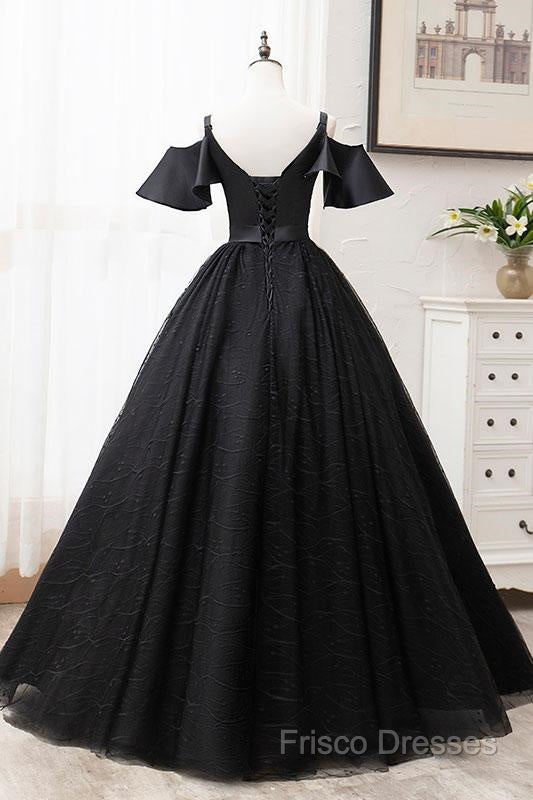 Short Sleeves Black Tulle Lace Sweetheart Long Formal Prom Dress