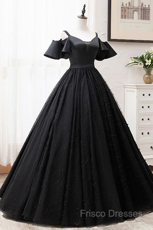 Short Sleeves Black Tulle Lace Sweetheart Long Formal Prom Dress