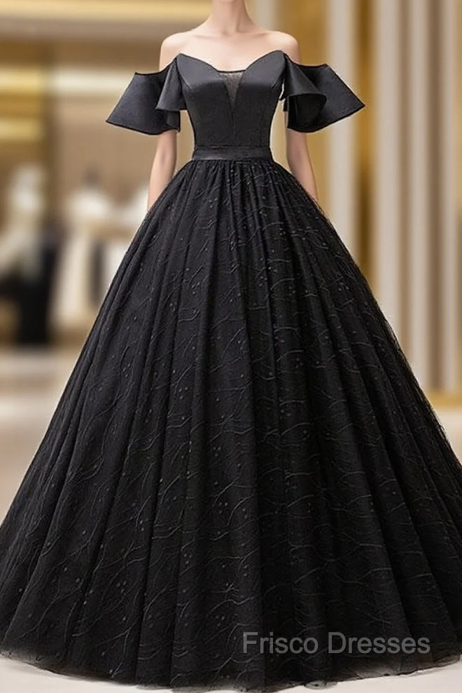 Short Sleeves Black Tulle Lace Sweetheart Long Formal Prom Dress Main image