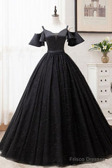 Short Sleeves Black Tulle Lace Sweetheart Long Prom Dress