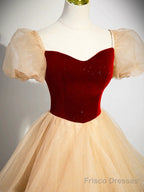 Short Sleeves Burgundy Champagne Long Prom Dresses, Short Sleeves Burgundy Champagne Long Formal Evening Dresses