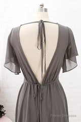 Short Sleeves Chiffon Long Bridesmaid Dress Wedding Party Formal Dress