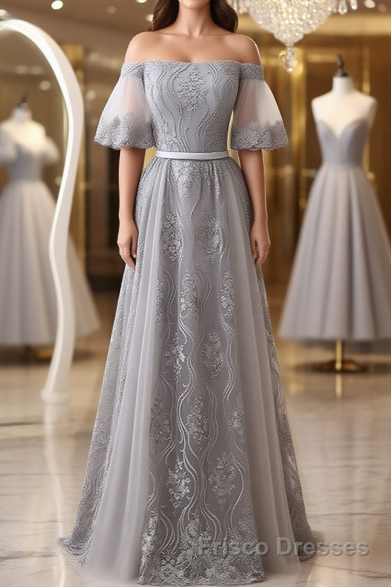 Short Sleeves Grey Lace Long Formal Prom Dresses, Short Sleeves Gray Lace Long Formal Evening Dresses Main image