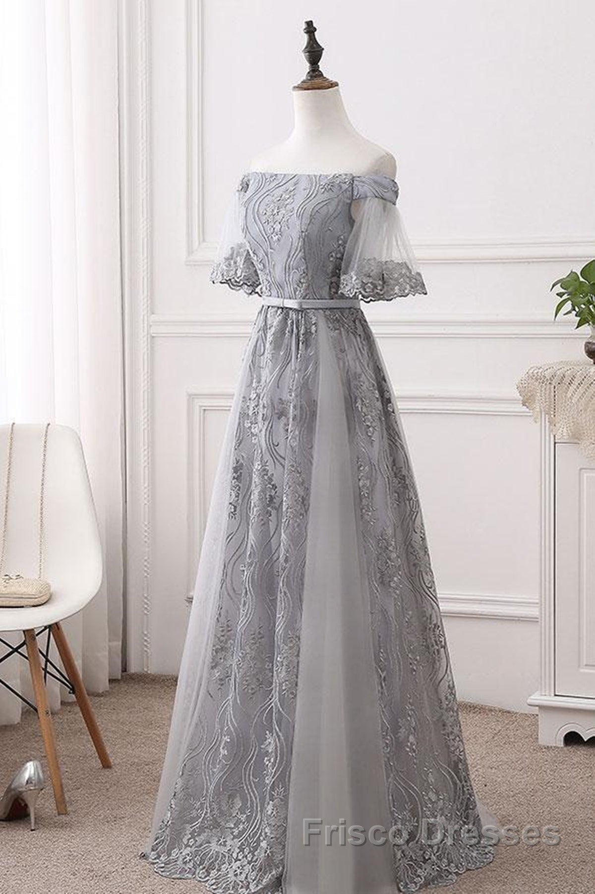Short Sleeves Grey Lace Long Formal Prom Dresses, Short Sleeves Gray Lace Long Formal Evening Dresses Secondary image