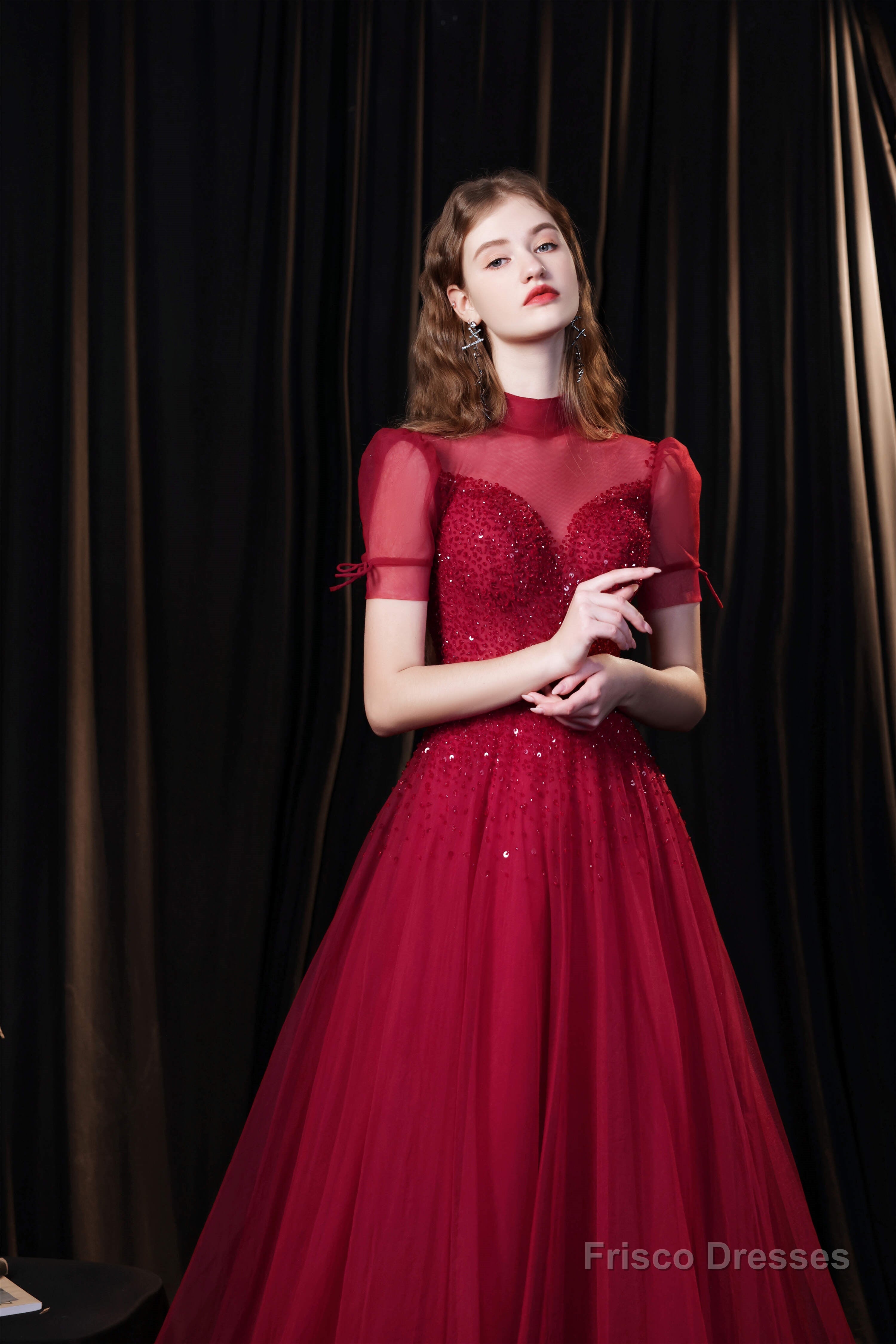 Short Sleeves High Neck Open Back Beading Long Prom Dresses