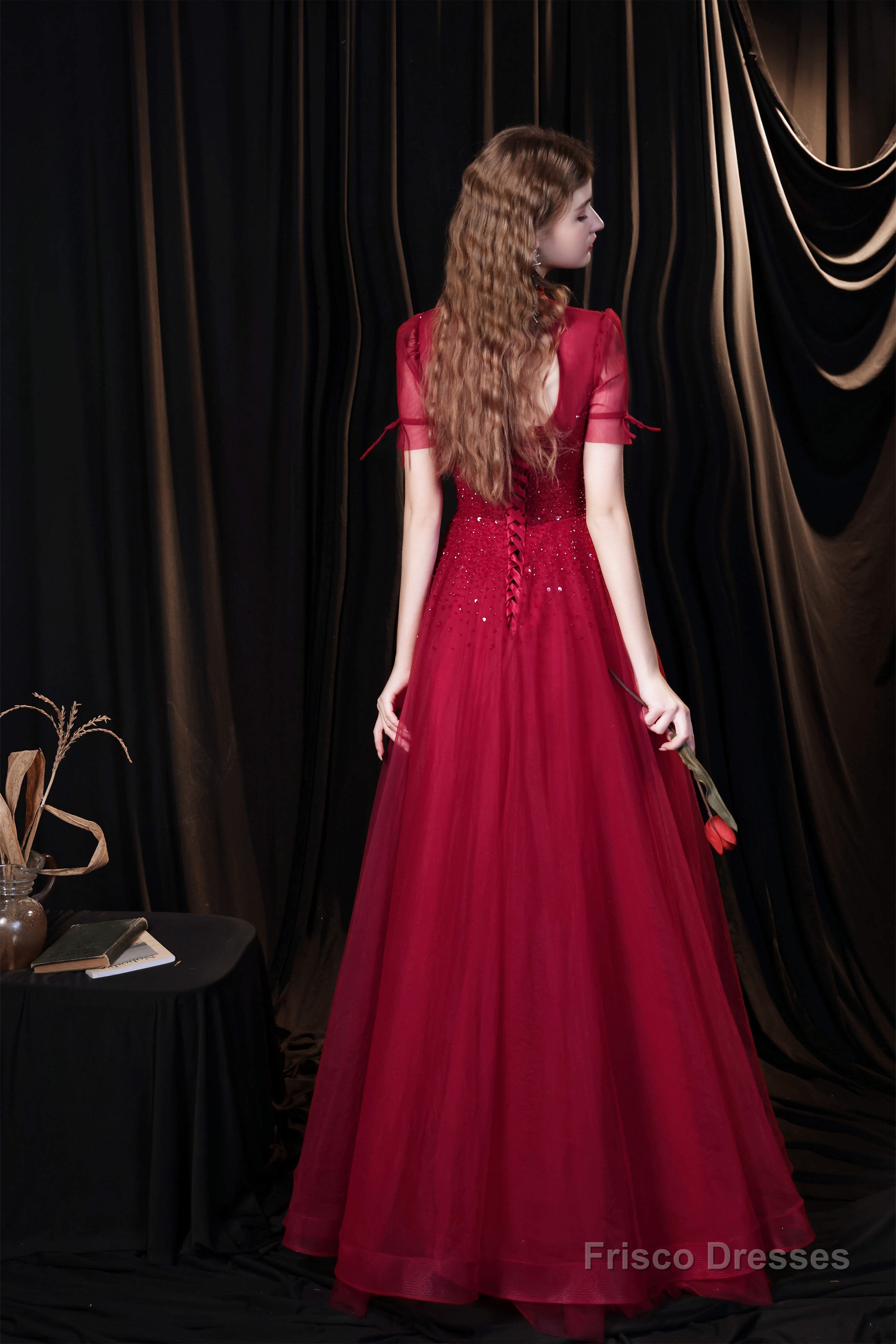 Short Sleeves High Neck Open Back Beading Long Prom Dresses