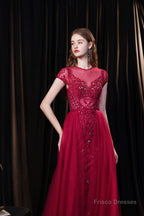 Short Sleeves High Neck Open Back Beading Long Prom Dresses