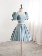 Short Sleeves Short Blue Formal Prom Dress, Short Blue Formal Homecoming Dress