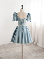 Short Sleeves Short Blue Formal Prom Dress, Short Blue Formal Homecoming Dress