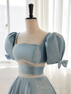 Short Sleeves Short Blue Formal Prom Dress, Short Blue Formal Homecoming Dress