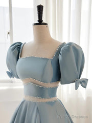 Short Sleeves Short Blue Prom Dresses, Short Blue Formal Homecoming Dresses