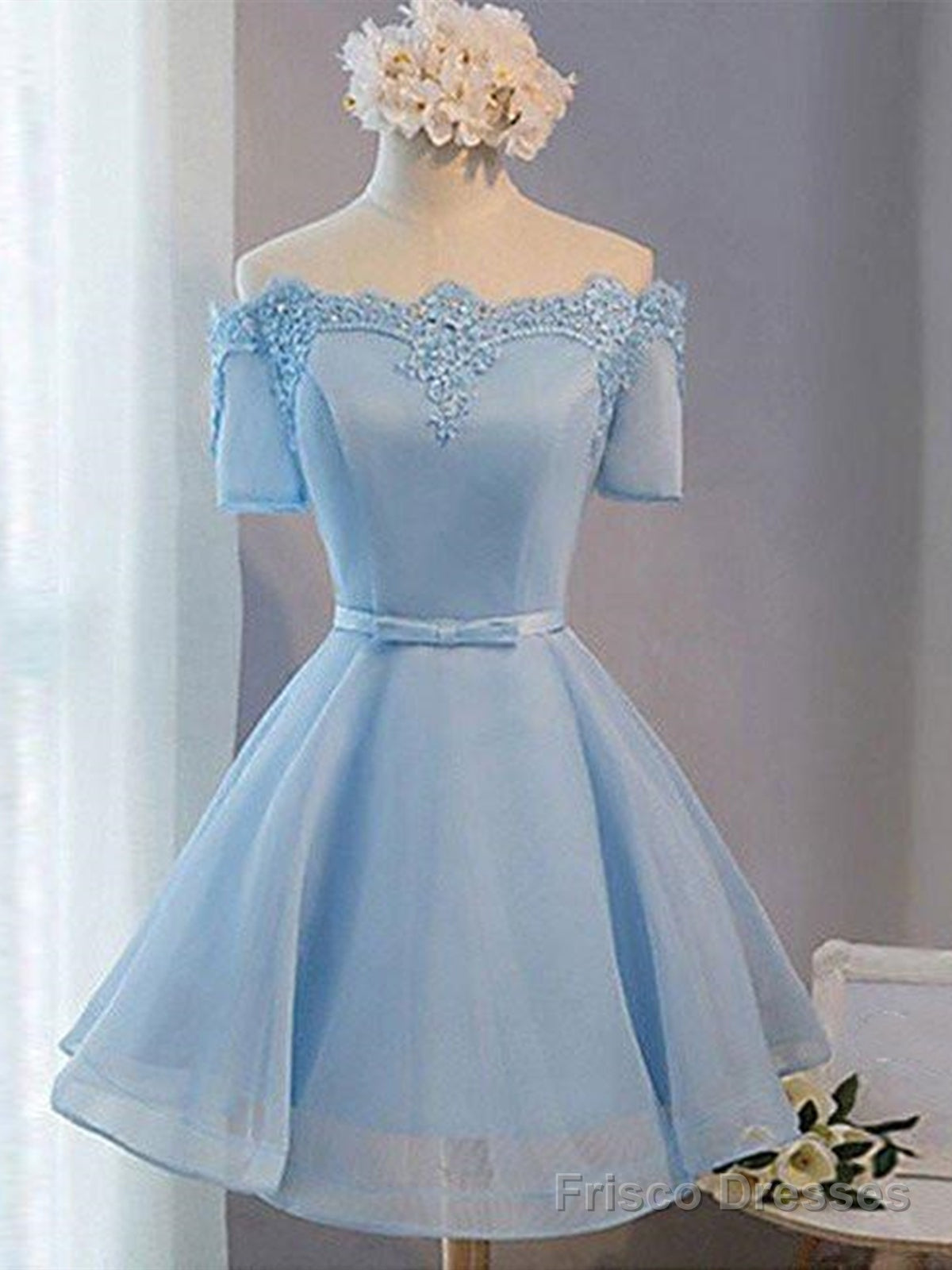 Short Sleeves Short Blue Prom Dresses with Lace-up, Short Blue Homecoming Graduation Dresses