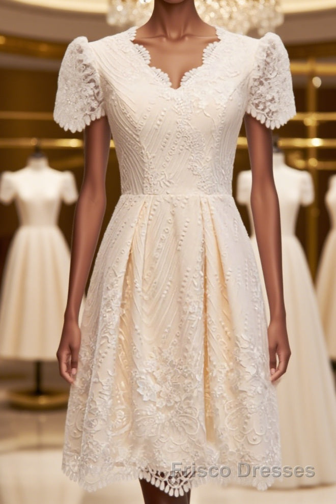 Short Sleeves Short Champagne Lace Formal Prom Dresses, Short Champagne Lace Formal Wedding Dresses Main image