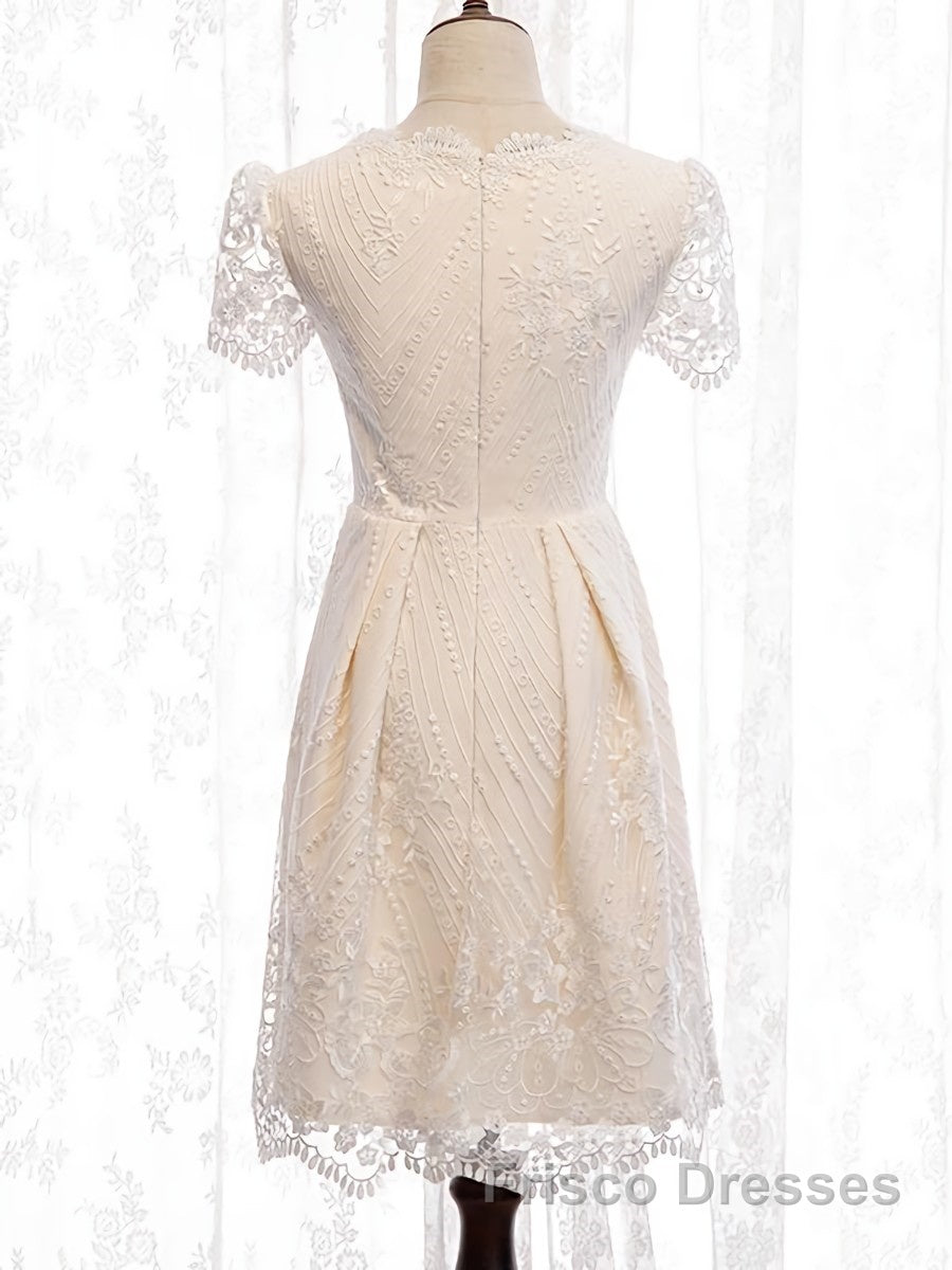 Short Sleeves Short Champagne Lace Formal Prom Dresses, Short Champagne Lace Formal Wedding Dresses Secondary image