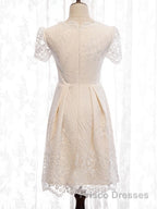 Short Sleeves Short Champagne Lace Formal Prom Dresses, Short Champagne Lace Formal Wedding Dresses