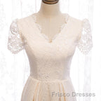 Short Sleeves Short Champagne Lace Formal Prom Dresses, Short Champagne Lace Formal Wedding Dresses