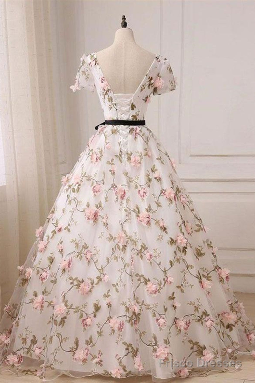 Short Sleeves V Neck Pink 3D Flower White Long Prom Dress, V Neck White Formal Evening Dress With Pink Appliques Secondary image