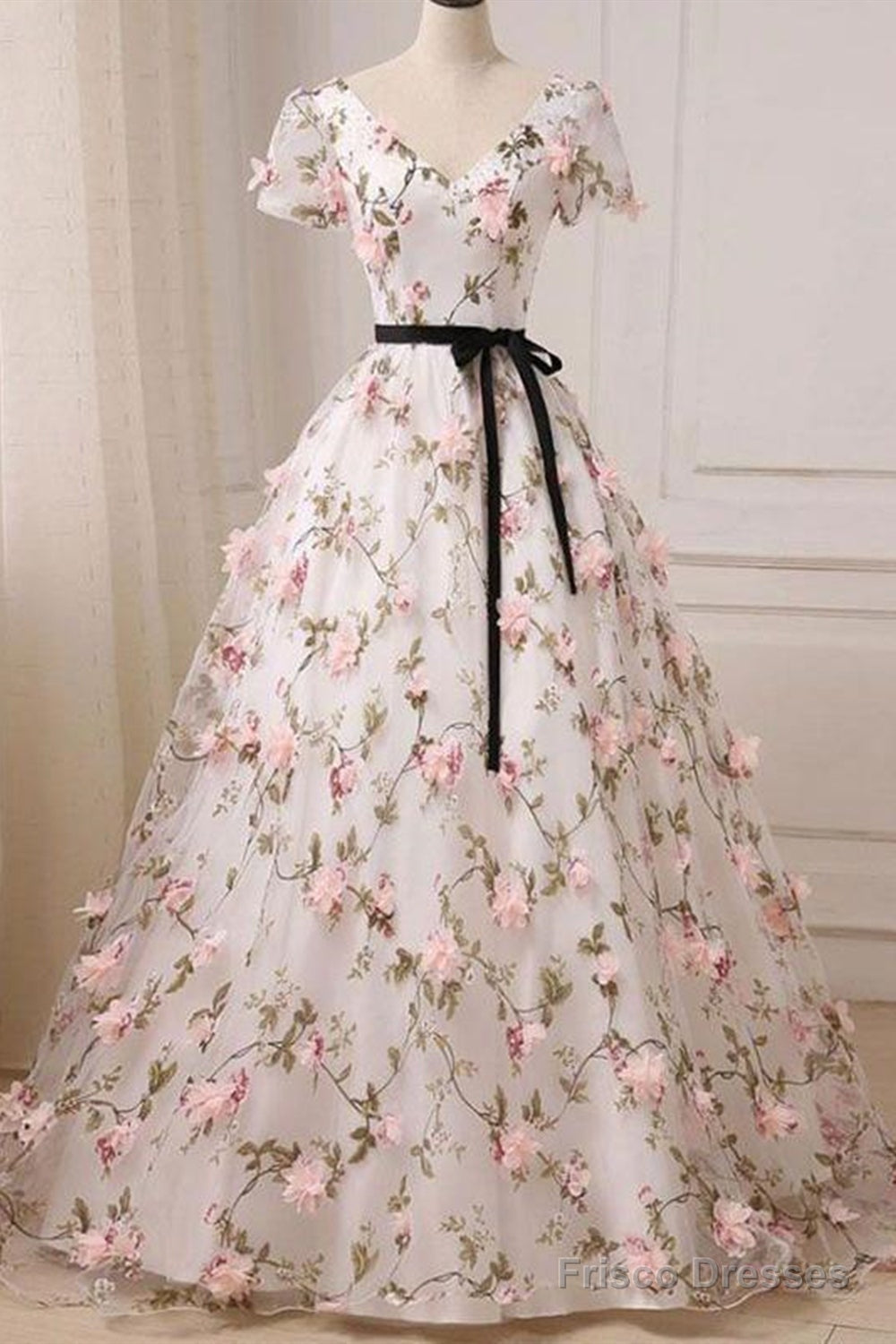 Short Sleeves V Neck Pink 3D Flower White Long Prom Dress, V Neck White Formal Evening Dress With Pink Appliques