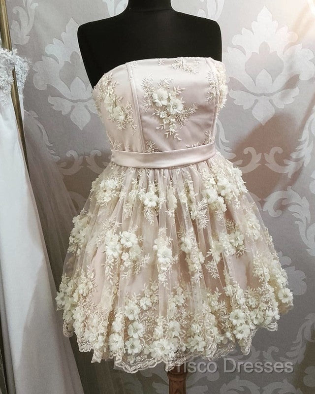 Short Strapless Homecoming Dress With 3D Lace Flowers Secondary image