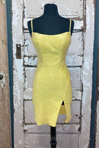 Short Tight Yellow Homecoming Dress,Crystal Beaded Semi Formal Prom Dress
